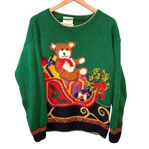 VINTAGE 90s Christmas Sweater Size L Green Fair Isle Sleigh Teddy Bear Holiday